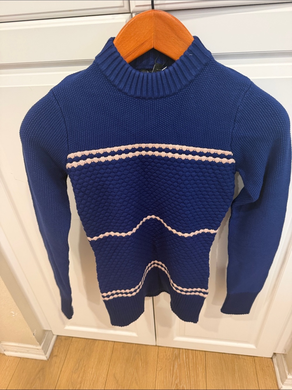 Alp N Rock Women's Navy Blue Sweater with Cream Stripe Detail